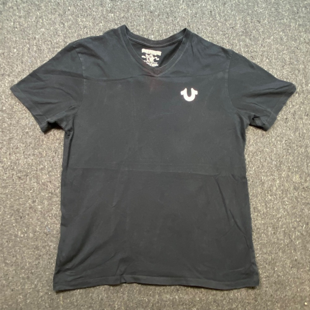 True Religion TShirt Sz L Mens Black Streetwear Horseshoe Logo V Neck Tee